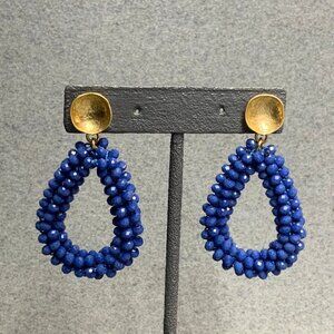 Teardrop Dangle Pierced Earrings Hoop Gold Lapis Blue Beaded Faceted Retro BoHo